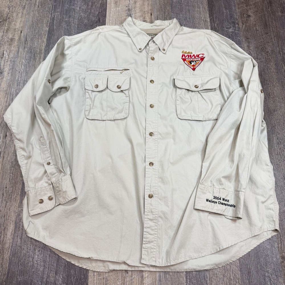 Cabelas Fishing Shirt Mens 2XL Khaki Vintage 2004 World Walleye Championship MWC